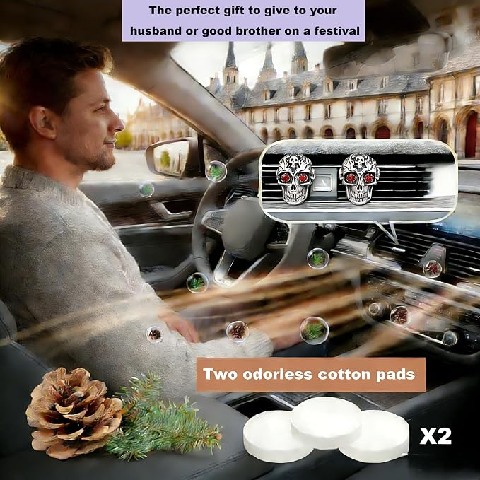 Gothic Skull Car Air Freshener Vent Clips with 2 Pads, Halloween Scented Car Accessories for Men Women, Automotive Interior Decor and Cool Car Fresheners for Men， Spooky Gift Idea-A2