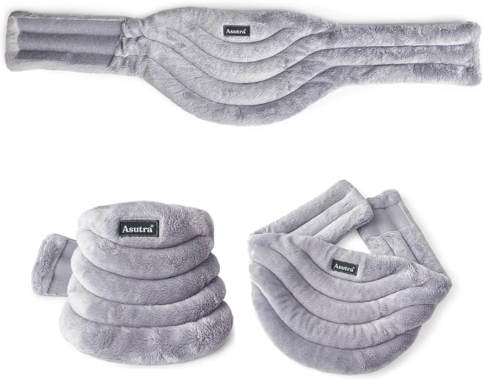 ASUTRA Navy Silk Eye Pillow and Plush Gray Weighted Neck Wrap Bundle Set, 2 Products - Weighted Eye Mask Filled w/Lavender & Flax Seeds, Hands-Free Microwaveable Heat Pad and Cooling Neck Wrap