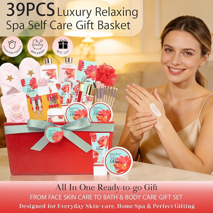 35 Pcs Spa Kit Gift for Women, Sandalwood Red Rose Bath and Body Basket Gift, Face Skin Care Kit, Home Spa Self Care, Lip Gloss, Birthday, Christmas, Mother, Bridal Shower, Anniversary
