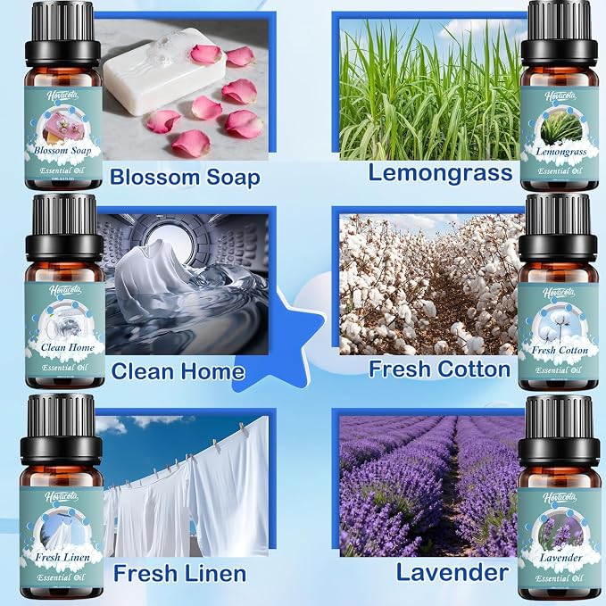 Laundry Essential Oils Set, Diffusers Oils for Home, Clean Fragrance Scents Blends for Humidifiers, Candle Soap Making, Including Clean Home,Blossom Soap,Lavender,Fresh Linen,Fresh Cotton,Lemongrass