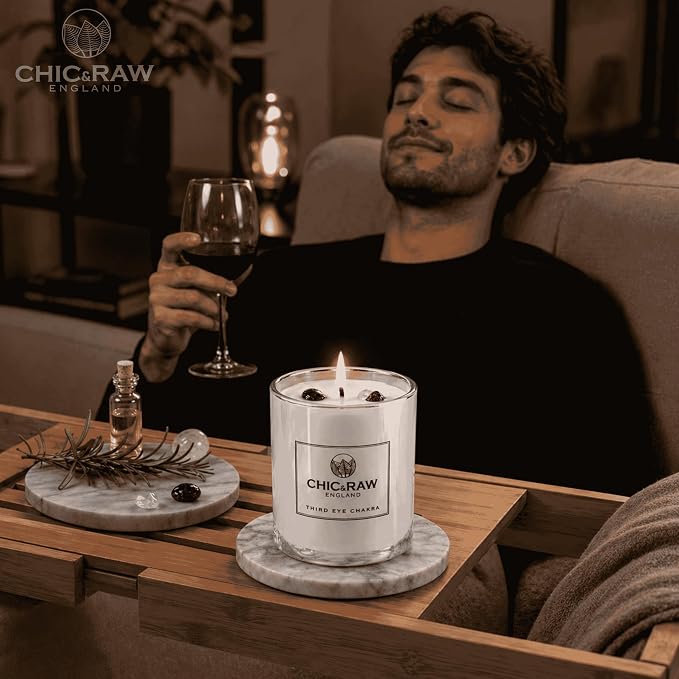 Aromatherapy Candle Third Eye Chakra Crystal Candle with Clear Quartz and Black Obsidian - Luxury Long-Lasting Burn Soy Wax, Infused Elderflower & Grapefruit, Clarity & Protector, 7.05oz