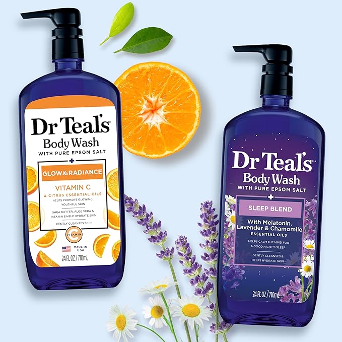 Dr Teal's Body Wash with Pure Epsom Salt, Daytime/Nighttime with Vitamin C & Sleep Blend, 24 fl oz (Pack of 2)