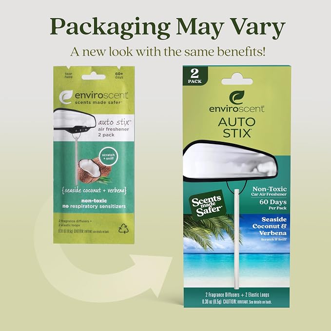 Enviroscent Non-Toxic* Car Air Freshener Auto Stix® - Scents Made Safer - Enjoy Fragrance Lasts Up to 480 Days - Includes Auto Stix® Diffusers & Elastic Loops - Seaside Coconut & Verbena (Pack of 8)