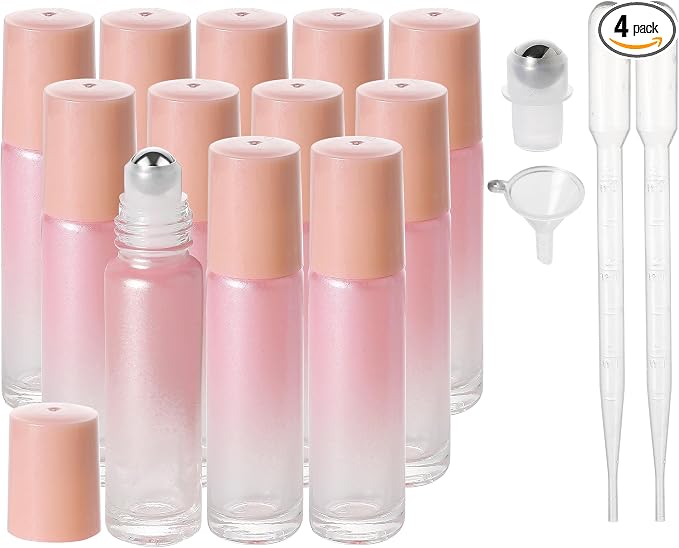 SESENSE Essential Oil Roller Bottles, 10ml Thick Glass Perfume Roller Bottles with Funnel Opener and Dropper Colored Glass Empty Bottles with Stainless Steel Roller Balls (Pink, 12 Pack)