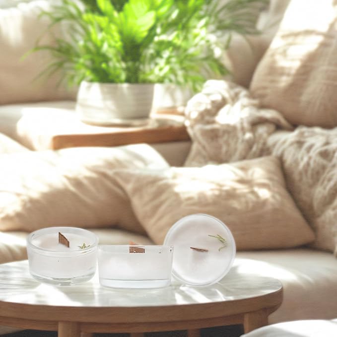 Rosemary Scented Essential Oil Tealight Candle Gift Set of 3, Hand Crafted Soy Wax Candles Wooden Wick Dried Flowers, 12 Hour Burn Time, Natural Aromatherapy Glass Cup Tea Lights by Lathered Artisan