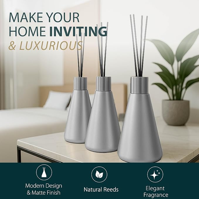 Mega Handles Reed Diffuser Sets (50ml) - 3 Pack White Flower Scent Bathroom Diffuser, Elegant Reed Diffuser for Shelf Decor, Decorative Air Freshener for Large Rooms - Satin Nickel