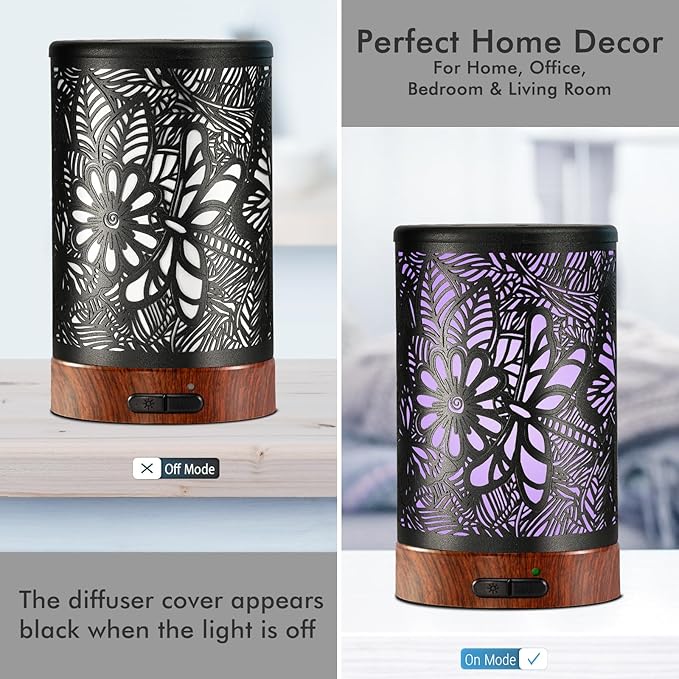 EQUSUPRO Essential Oil Diffuser 150ml Black Metal Aromatherapy Oil Diffuser Ultrasonic Cool Mist Diffuser with Auto Shut-Off Protection,7 Colors Changed LED for Home Office SPA Yoga