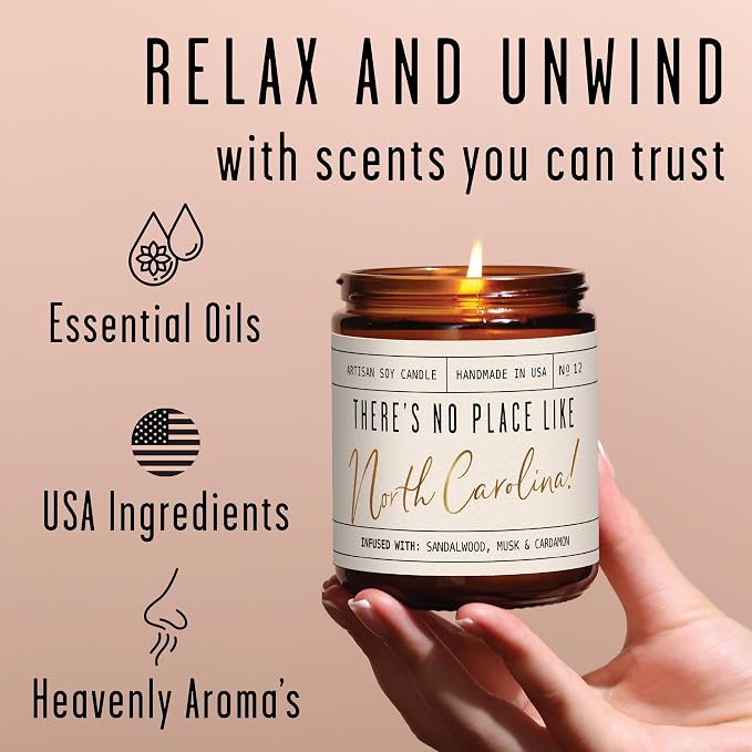 North Carolina Gifts, North Carolina Decor for Home - 'There's No Place Like North Carolina Candle, w/Sandalwood, Musk & Cardamon I North Carolina Souvenirs State Gifts I 9oz Jar, 50Hr Burn, USA Made