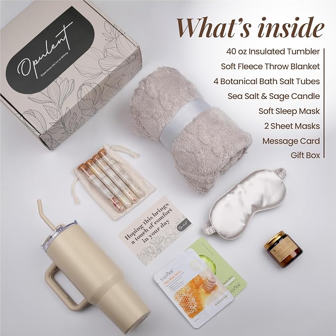 Opulent Luxury Self Care Gift Package for Women, 40oz Tumbler, Cozy Blanket | Gift-Ready Spa Set for Get Well, Thinking of You & Corporate Gifts for Employees & Clients - Candle, Bath Salts & Sleep Mask