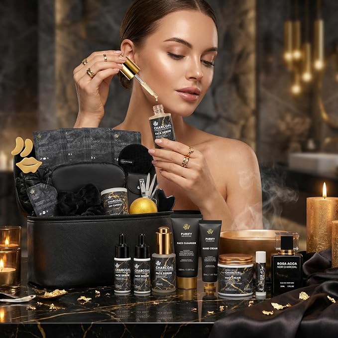 Gifts for Women & Men, 33pcs Fathers Day Gifts, Bath Gifts Baskets Set | Charcoal Hydrating Skin Care Gift Set, Home Spa Gifts Basket Set, Leather Bag, Anniversary, Birthday, Wife, Dad
