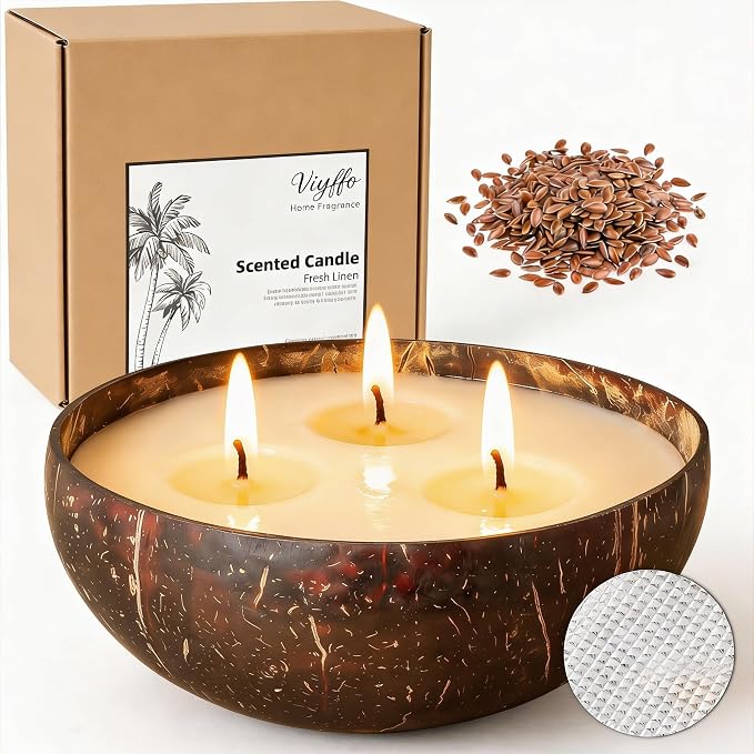 Viyffo Fresh Linen Scented Candle, Large 18oz 3 Wick Non Toxic Soy Candles, Natural Coconut Shell Candles for Home, Clean & Fresh Aromatherapy for Relaxation & Spring Décor, Gift for Women & Men