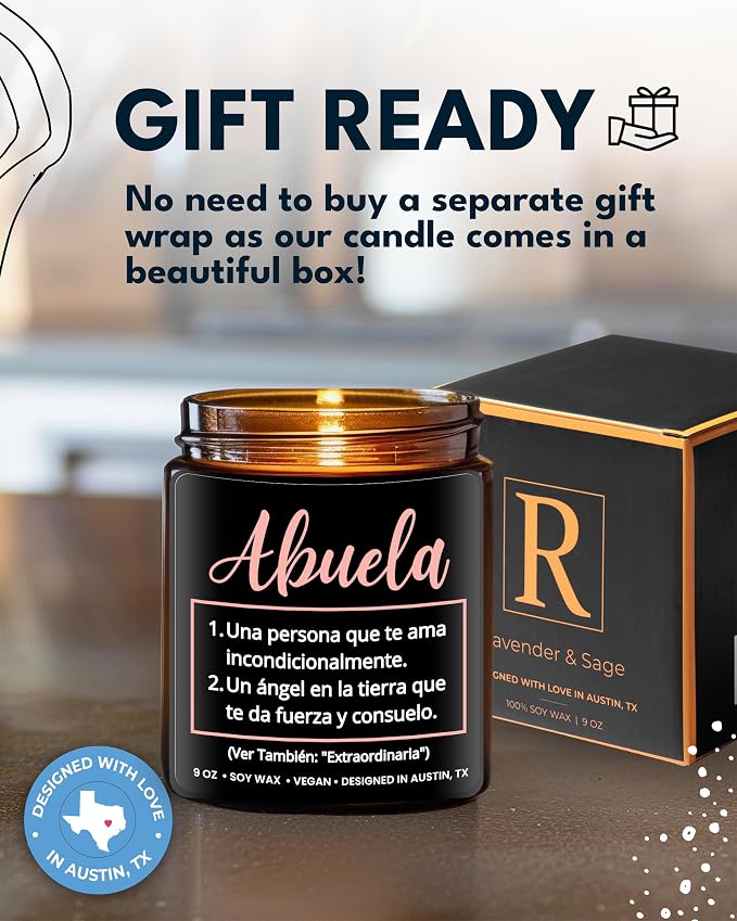 Abuela Candle, Best Grandma Gifts from Grandchildren in Spanish, Regalos para Abuela en Español, Thoughtful Present from Granddaughter or Grandson, Birthday, Mother's Day, Christmas, Gift Ready
