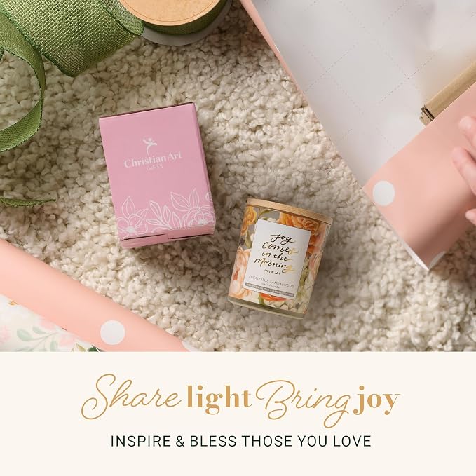 Christian Art Gifts Soy Wax Scented Candle: Eucalyptus Sandalwood Scent, Joy Comes in the Morning Bible Verse, Pure Essential Oil, 4.5oz, 20 Hours Burn Time, Glass Jar w/Bamboo Lid, Encouragement Gift