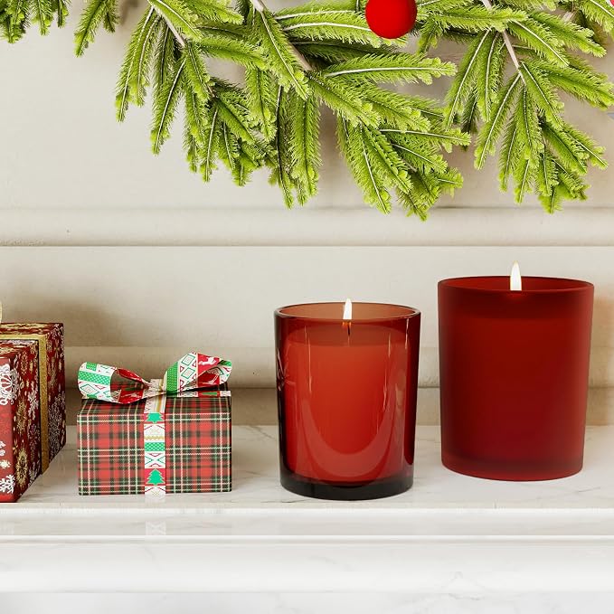 SHOWIN 10 OZ Thick Candle Jars for Making Candles 15 Pcs, Empty Jars with Wood Lids for Candle Making, Sample Container, Frosted Red