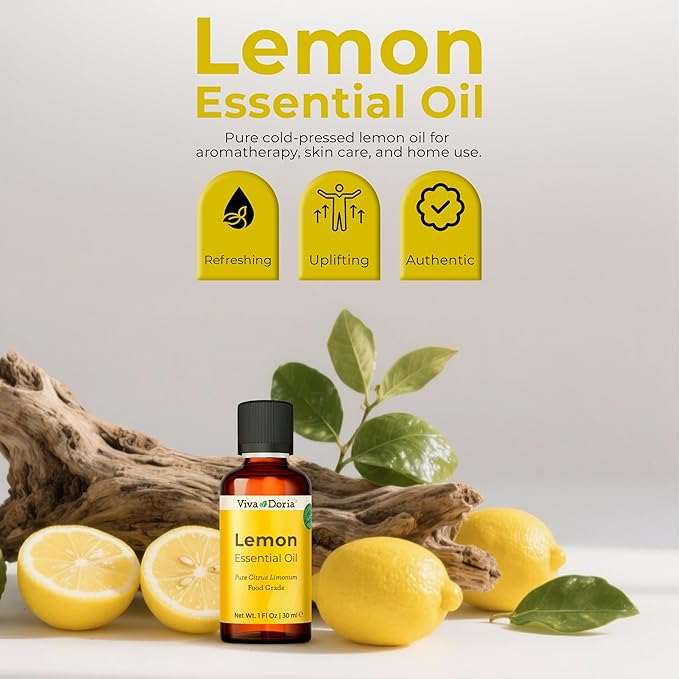 Viva Doria 100% Pure Lemon Essential Oil, Undiluted, Food Grade, USA Lemon Oil, 30 mL (1 Fl Oz)