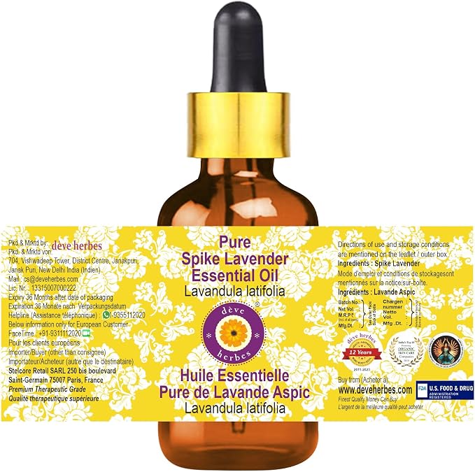 Deve Herbes Pure Spike Lavender Essential Oil (Lavandula latifolia) with Glass Dropper Steam Distilled 15ml (0.50 oz)