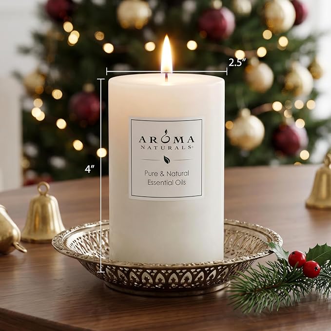 Aroma Naturals Holiday Essential Oil Vanilla & Peppermint Scented Pillar Candle, Cool Wish, 2.5 inch x 4 inch