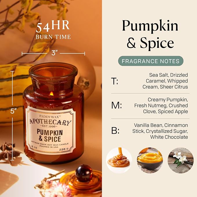 Paddywax Artisan Apothecary Scented Candle with Lid in Reusable Glass Jar, Clean-Burn Soy Candle with Approx. 54 Hour Burn Time, Pumpkin & Spice, 8 oz.