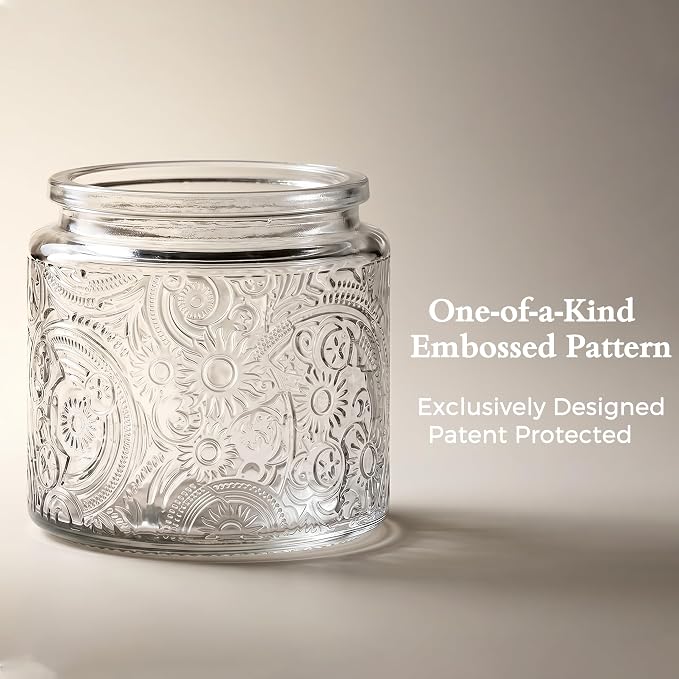 10 oz Clear Sun Moon Stars Candle Jars with Metal Lids, 9 Pack | Patented Embossed Design, Includes Wick Centering Devices & Warning Labels, Multiple Color Options