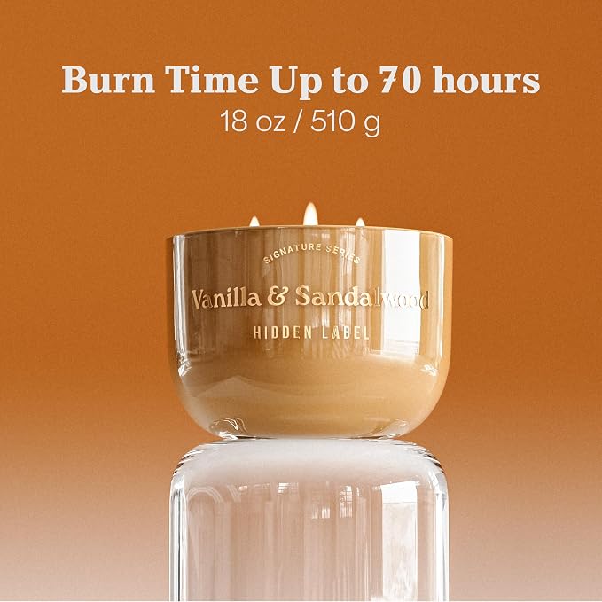 Hidden Label Vanilla Sandalwood Scented Candle, 18oz Large 3 Wick Natural Soy Wax Candle, 70 Hours Burn Time Non Toxic Aromatherapy Candle for Home, Luxury Home Décor & Gift for Women