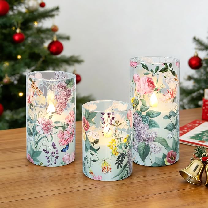 Floral Flameless Candles with Remote Timer, Pink Rose and Lilac Pattern LED Glass Candles, Battery Operated for Home Party Wedding Christmas Spring Valentine's Day Decor, Set of 3