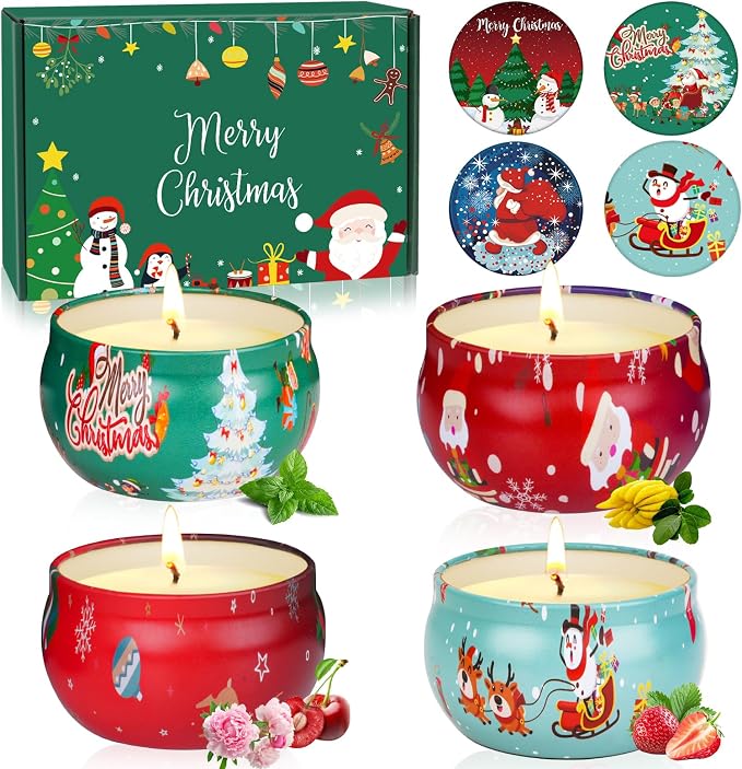 Christmas Candles Set - 4 Pack Christmas Candles Scented Gift Set, Christma Scented Candles Gift for Women, Aromatherapy Soy Candle for Home Scented, Winter Holiday Scented Candles