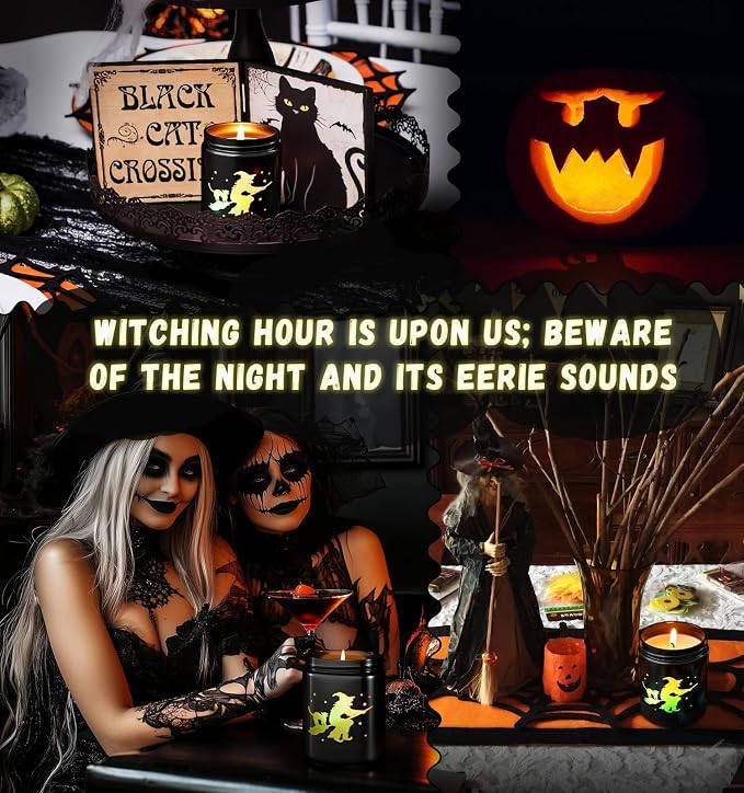 Halloween Decor Indoor-Halloween Gifts Candles for Women with LED Witch, Fall Candles with Apple Cinnamon Scent Over 40 Hours of Burn Time, Gift for Home Fall Decorations Indoor, 100% Soy Wax