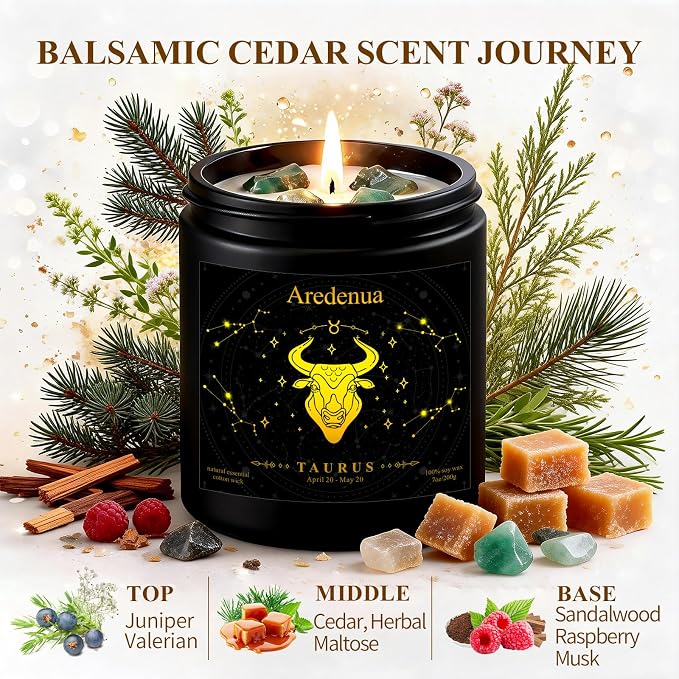 Taurus Birthday Gifts Candle | Zodiac Crystal Candles with Green Aventurine Healing Crystals - Balsamic Cedar Woody Scented Soy Candle, 7oz 50 Hour Burn, Unique Spiritual Astrology Gifts for Women Men