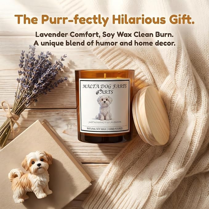 Malta Dog Gifts for Women | Birthday Gifts for Mom | Light When Dog Farts Candle | Cedar By Natural Soy Wax | Pet Safe Friendly Memorial Candles for Home Scented Household Essentials