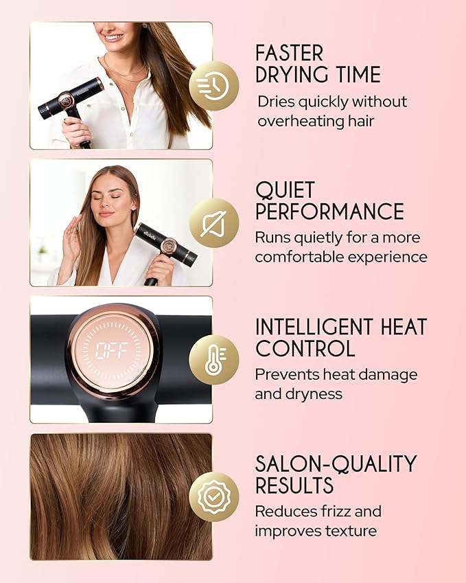 ELLA BELLA® Professional Ionic Hair Dryer with Diffuser Dual Voltage • Negative Ion Blow Dryer • Suitable All Hair Types • Intelligent Heat Control & Rapid Drying Speeds • Low Noise Lightweight Design