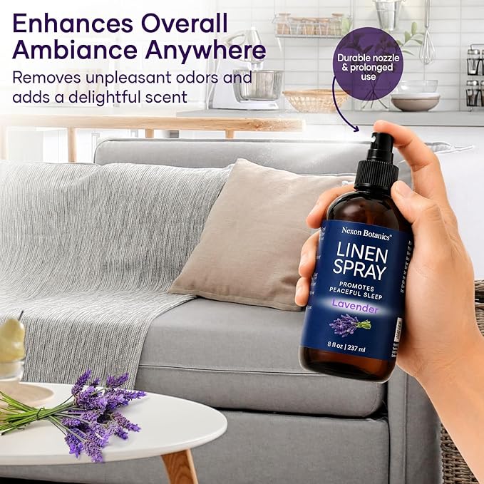 Lavender Linen Spray 8 fl oz - Refreshing Fabric Refresher & Pillow Spray for Bedding, Bed Sheets & Room - Soothing Room Mist - Nexon Botanics