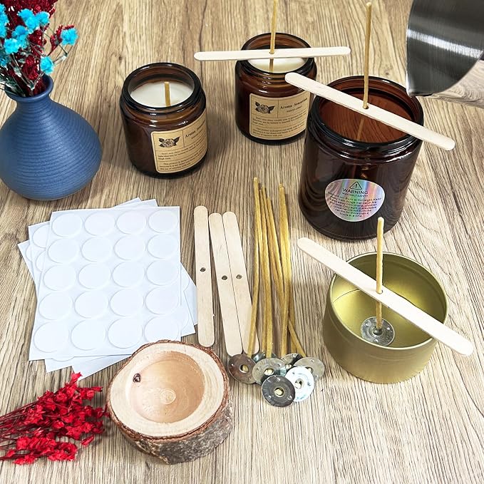 50 Pcs 6" Natural Candle Wicks,Pre-Waxed by 100% Beeswax & Tabbed with 60Pcs Candle Wick Stickers and 5 Pcs Wooden Candle Wick Centering Device, for Candle Making，Candle DIY