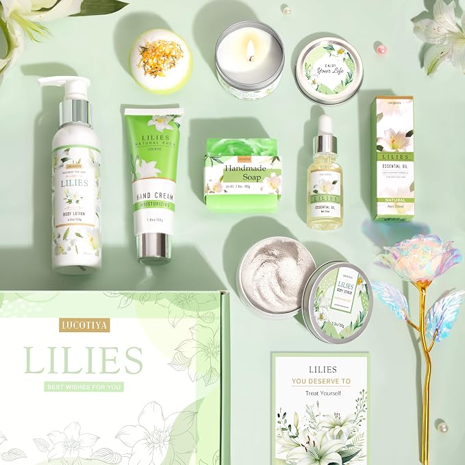 Gifts for Women, Birthday Gifts for Women, Lilies Self Care Set,Christmas Mothers Day Relaxing Spa Basket for Mom, Grandma, Girlfriend, Sister, Friends