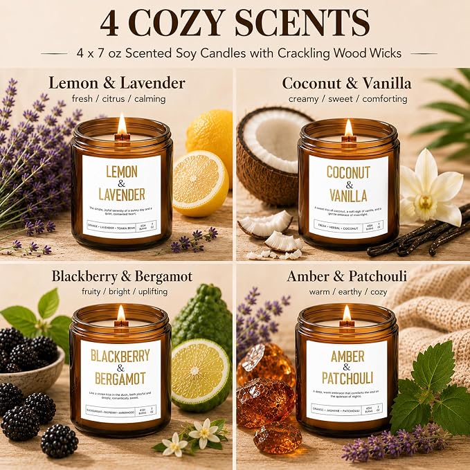Wood Wick Candles Gift Set, 4 Pack 28 oz Scented Soy Candles, Crackling Wooden Wicks, Amber Glass Jars for Home, Birthday and Housewarming Gifts for Women and Men