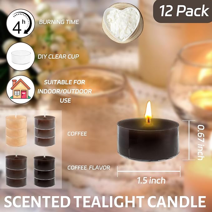 Gradient Brown Tealight Candle Coffee Scented Tealight Candles 12 Pack Hand Poured Smokeless 4 Hour Clean Burning Round Tea Lights for Morning Coffee Ritual Breakfast Table Kitchen Counter