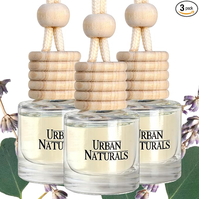 Urban Naturals Car Air Freshener Diffuser 3 Pack - Aromatherapy Essentials Scent, 45+ Days Long Lasting Fragrance, Made in USA, Glass & Wood, Hanging Design + Vent Cip, Easy to Use