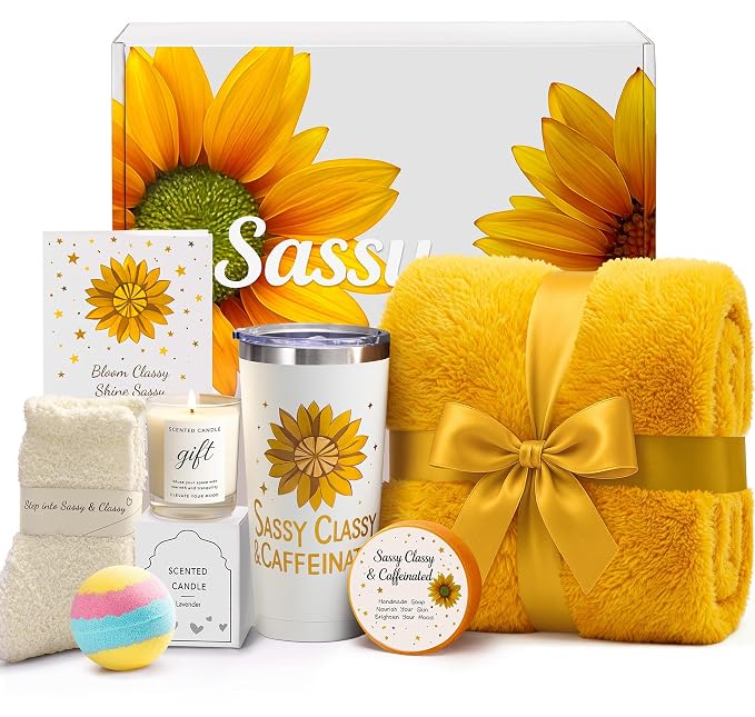 Birthday Gifts for Women Friendship, Sunflower Spa Gift Basket Set with Cozy Blanket, Self Care Gifts Unique Happy Birthday Idea for Mom, Wife, Sister, Best Friends, Girlfriend, Christmas, Get Well