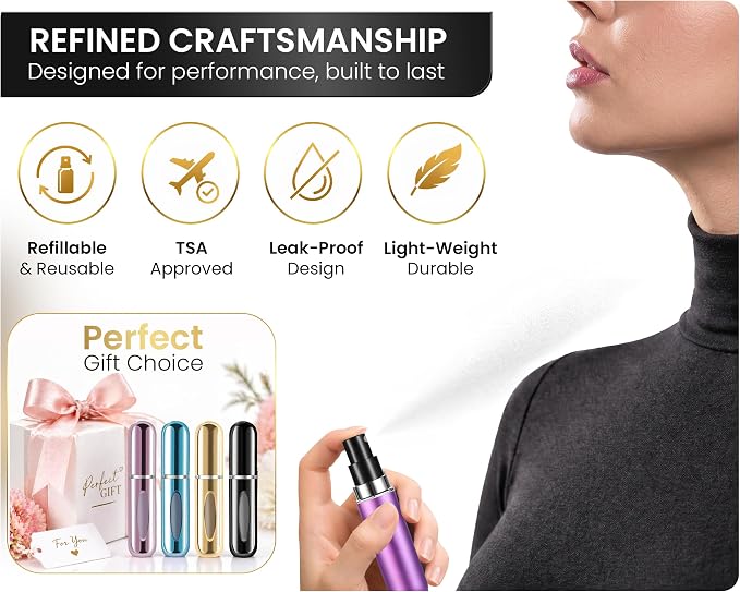 4 Pcs Refillable Perfume Atomizer, Travel Perfume Bottle Refillable and Leak-Proof, Portable Empty Cologne Atomizer, Mini Refillable Perfume Bottle for Pocket, Easy to Refill Decant Sprayer (5 ml)