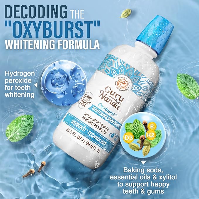 GuruNanda Whitening Mouthwash – Up to 3 Shades Whiter Teeth in 2 Weeks – Alcohol & Fluoride Free with Hydrogen Peroxide – Oxyburst Technology - Wild Mint, 33.8 oz/ 1 Liter (Pack of 2)