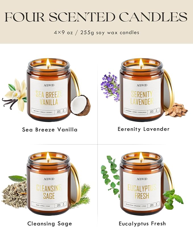 AOOVOO Scented Candles - 4PC Candle Set, 36 oz Soy Candles, Soy Candle for Home Scented, Lavender/Vanilla/Eucalyptus/Sage (Pack of 2)