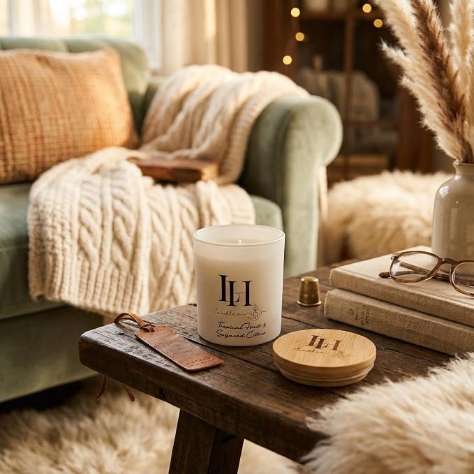 LH Tropical Fruit and Sugared Citrus Scented Candle – Non-Toxic Organic Soy Wax, Highly Scented Relaxing Candle for Men and Women, Summer Home Gift