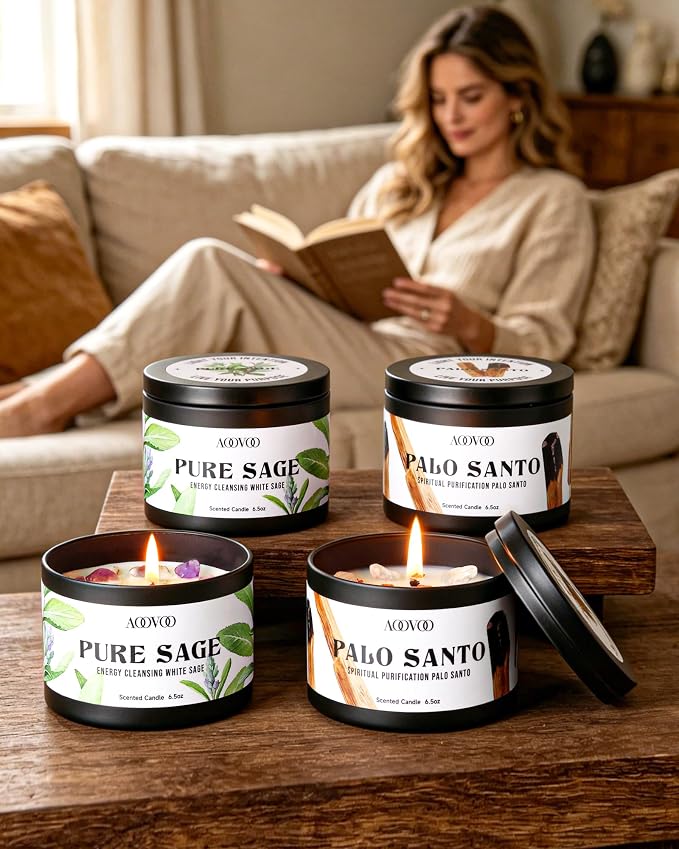 AOOVOO 4 Pack Sage Candles - 2 Sage & 2 Palo Santo Candle Set with Crystals & Decor, 26oz 200 Hours Long Lasting, Non Toxic Candles for Spiritual House Energy Cleansing