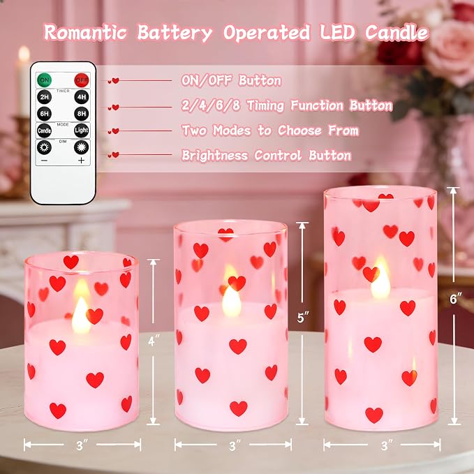 Love Flameless Candles with Remote Timer, Glass Battery Operated Candles, Pink Spray-Painted Heart LED Candles for Home Party Wedding Valentine's Day Decor Set of 3