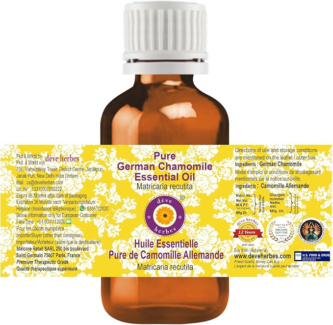 Deve Herbes Pure German Chamomile Essential Oil (Matricaria recutita) Steam Distilled 100ml (3.38 oz)