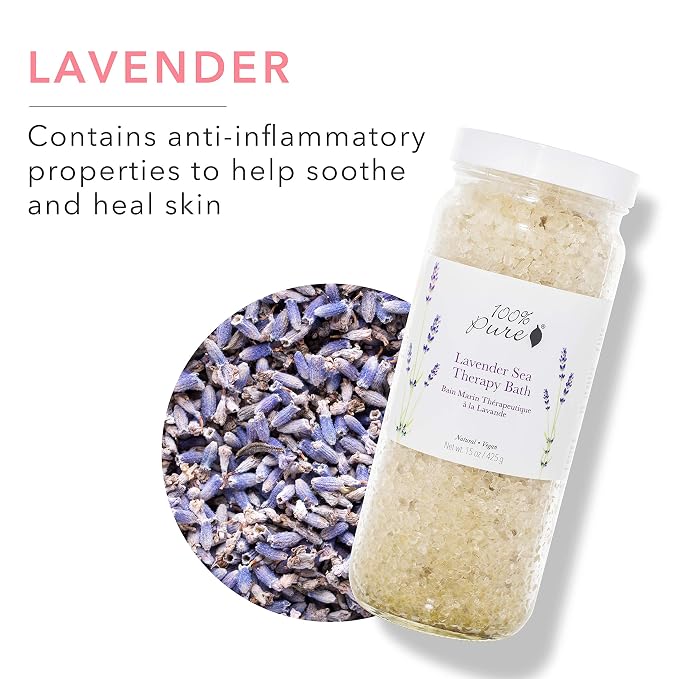 100% PURE Lavender Sea Therapy Bath Soak, Bath Salts for Relaxation, Made with Lavender Essential Oil, Spa Kit for Home, Bath Soak with Essential Oils - 15 Oz