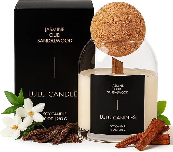 Lulu Candles | Jasmine, Oud & Sandalwood | Luxury Scented Soy Jar Candle | Hand Poured in The USA | Highly Scented Long Lasting | Wood Wick (10 Oz. Cork)