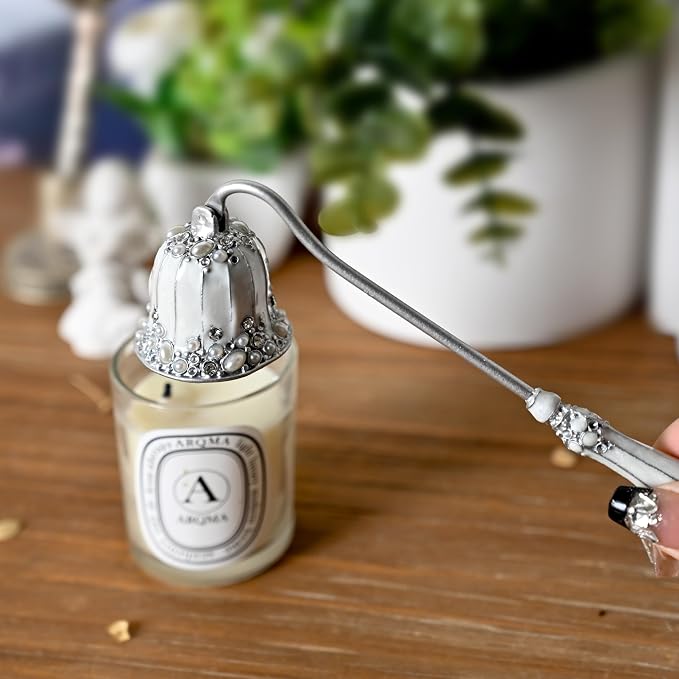 Elegant Royal-Style Candle Snuffer with Pearl Inlay, Metal Handle for Safe and Stylish Candle Extinguishing (Elegant Silver)