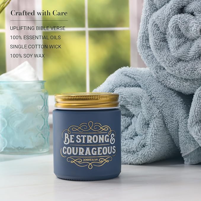 Christian Art Gifts Soy Wax Scented Candle: Strong & Courageous Bible Verse, Fireside Blue Spruce Scent, Pure Essential Oils, 4.5oz, Up to 20 Hours Burn Time, Glass Jar w/Metal Lid, Encouragement Gift