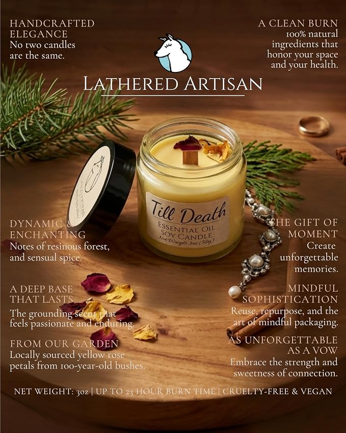 Lathered Artisan Till Death Spiced Essential Oil Candle 3 oz, Hand Crafted Pure Soy Wax Candle with Wooden Wick and Dried Flowers, 23 Hour Burn Time, Natural Aromatherapy Glass Jar Candle with Lid