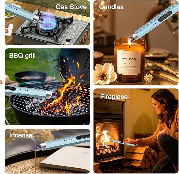 2 Pack Candle Lighter USB Rechargeable Electric Plasma Arc Lighters with Safety Lock, Windproof Flameless Long Lighters Matches for Candle, BBQ, Camping, Gas Stoves (Light Bule, Blue Gold)